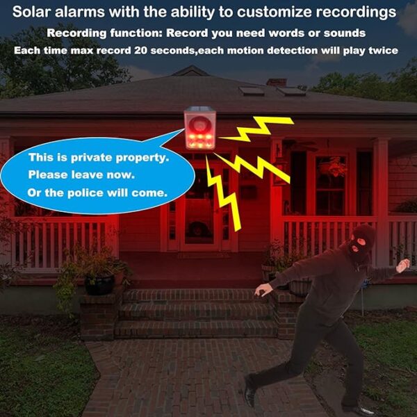 Solar Outdoor Motion Detector Alarm with 130dB Dog Barking & Gunshot Sounds