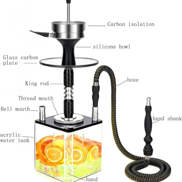 Cube Modern Portable Hookah Acrylic Tank Silicone Bowl Clamp with Remote & LED