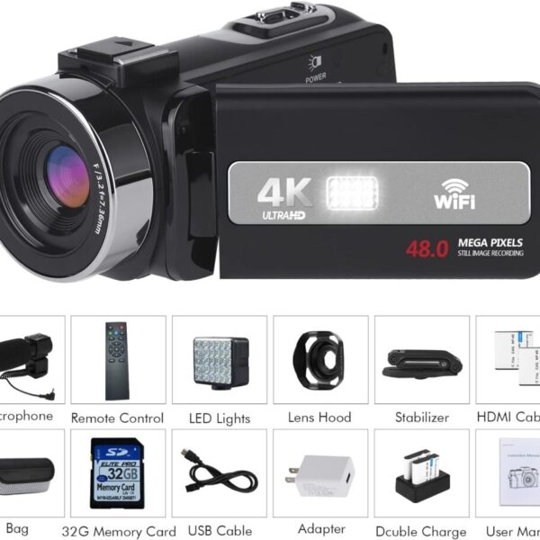4K Vlogging Camera 56MP Video Camera for YouTube, 18X Digital Zoom with WiFi, External Mic, Fill Light, 32GB SD Card, 2 Batteries Remote Control & Lens Hood